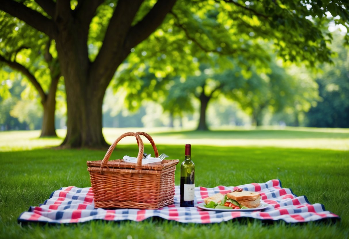 A picnic blanket spread under a shady tree in a lush, green park. A wicker basket filled with delicious food and a bottle of wine