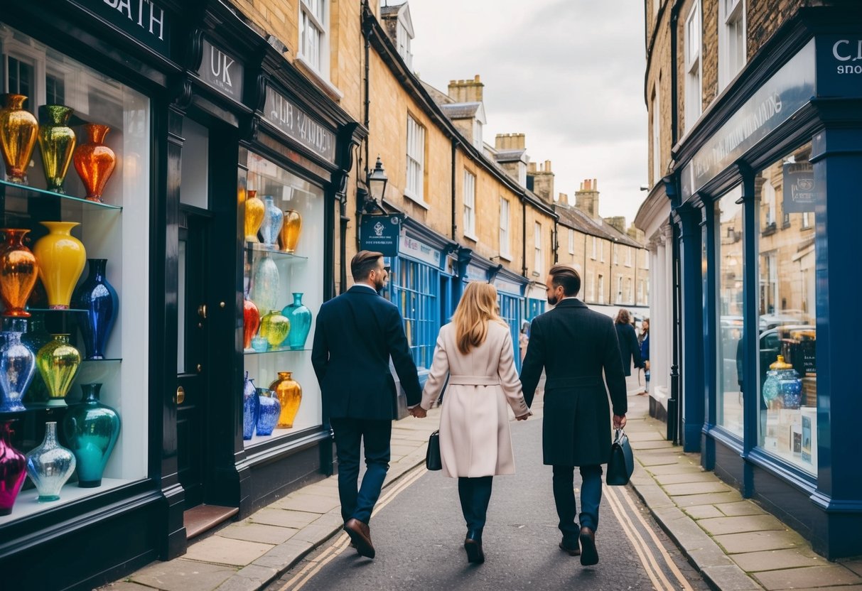 A couple strolling through the charming streets of Bath, UK, admiring the colorful handmade glass creations in the shop windows