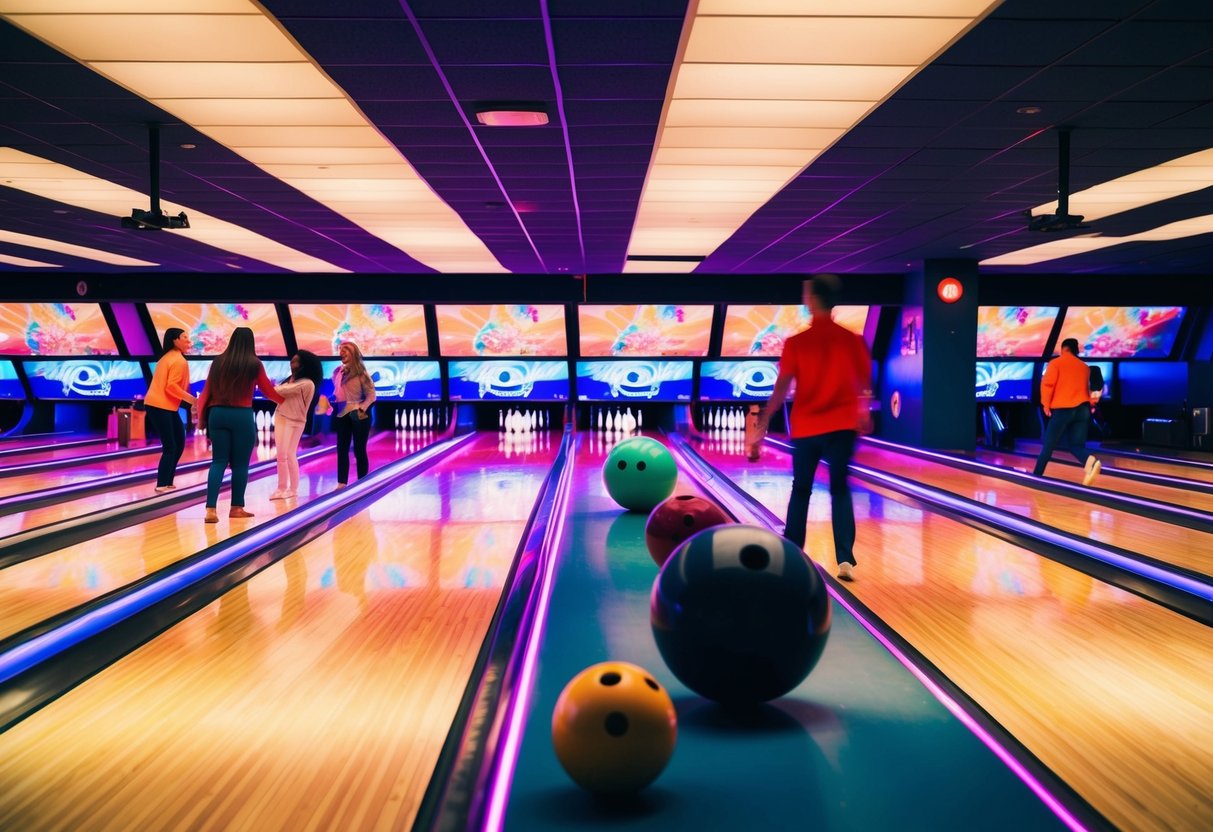 A vibrant bowling alley with colorful lanes, glowing neon lights, and groups of people enjoying a fun and lively atmosphere