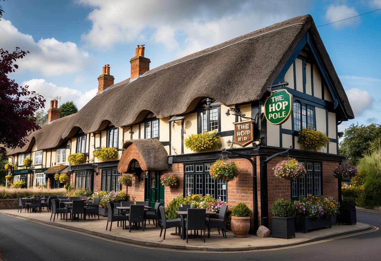 A cozy English pub with a thatched roof, hanging flower baskets, and a sign reading "The Hop Pole." Outdoor seating and a charming atmosphere