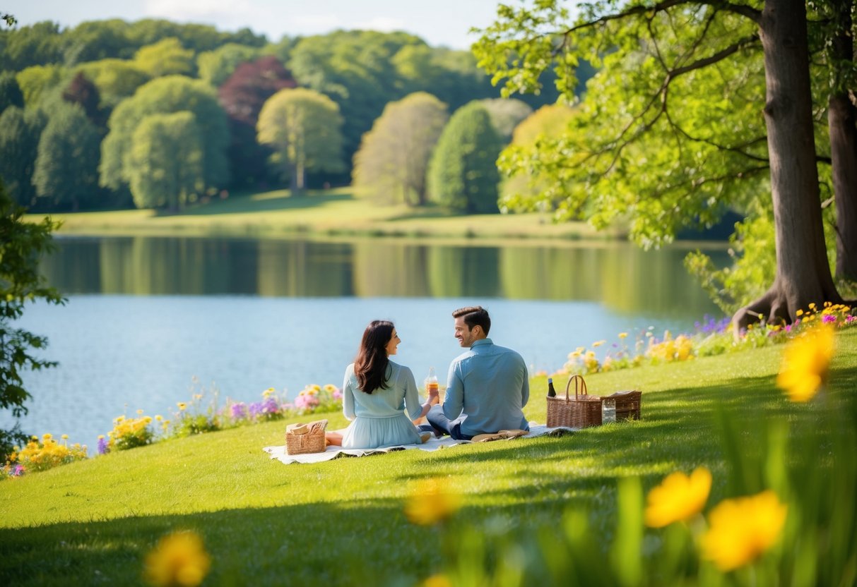 A couple picnicking on a grassy hill overlooking a serene lake surrounded by lush trees and colorful flowers
