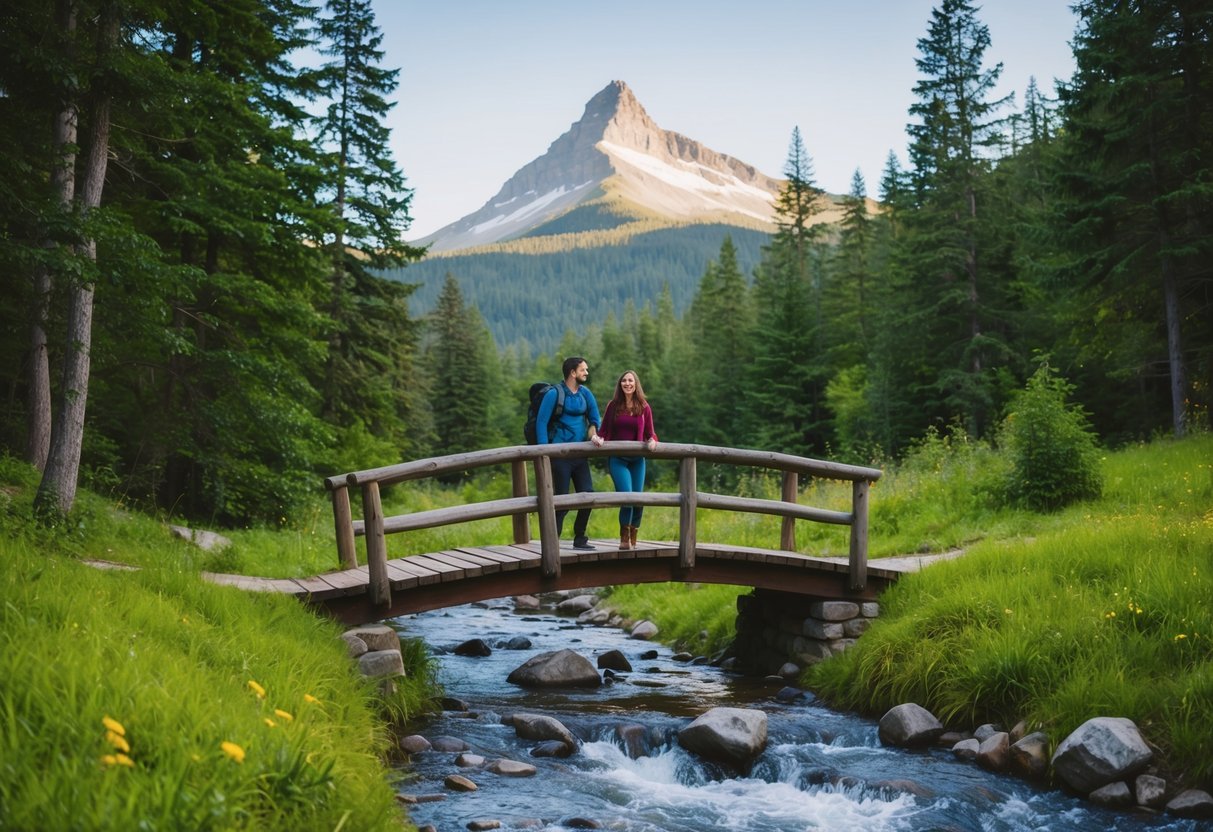 A couple hiking through a lush forest, crossing a wooden bridge over a bubbling stream, with a mountain peak in the distance
