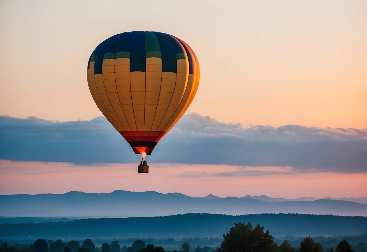 A colorful hot air balloon floats above a serene landscape at sunrise, with mountains and trees below