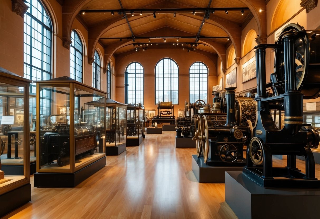 A bustling museum interior with historical machinery and artifacts on display, bathed in warm natural light from large windows