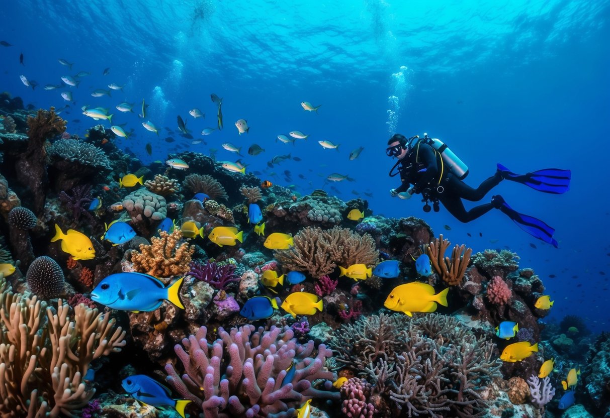 A colorful coral reef teeming with exotic fish and marine life, with a diver exploring the underwater world