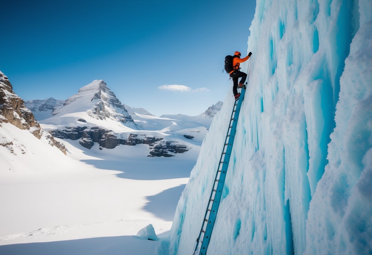 A lone figure ascends a towering ice wall, surrounded by a pristine winter landscape. Snow-covered peaks and a clear blue sky provide a breathtaking backdrop