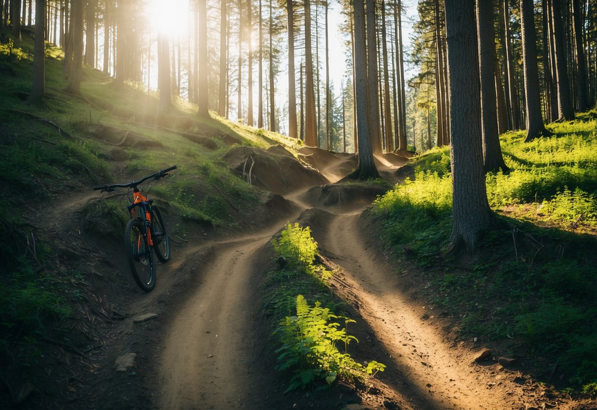 A mountain biking trail winds through a dense forest, with sunlight filtering through the trees and casting dappled shadows on the ground. The trail is rugged and challenging, with steep inclines and sharp turns