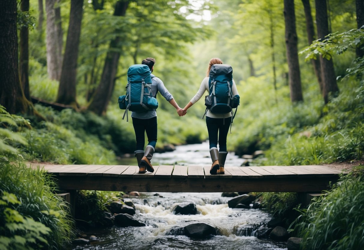 A couple hiking in a lush forest, crossing a wooden bridge over a bubbling stream. They carry backpacks and wear sturdy boots