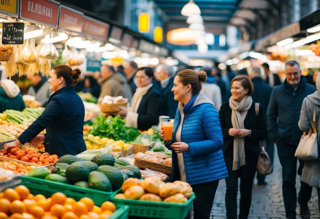 A bustling market with colorful stalls and lively shoppers browsing and chatting. The aroma of fresh produce and baked goods fills the air