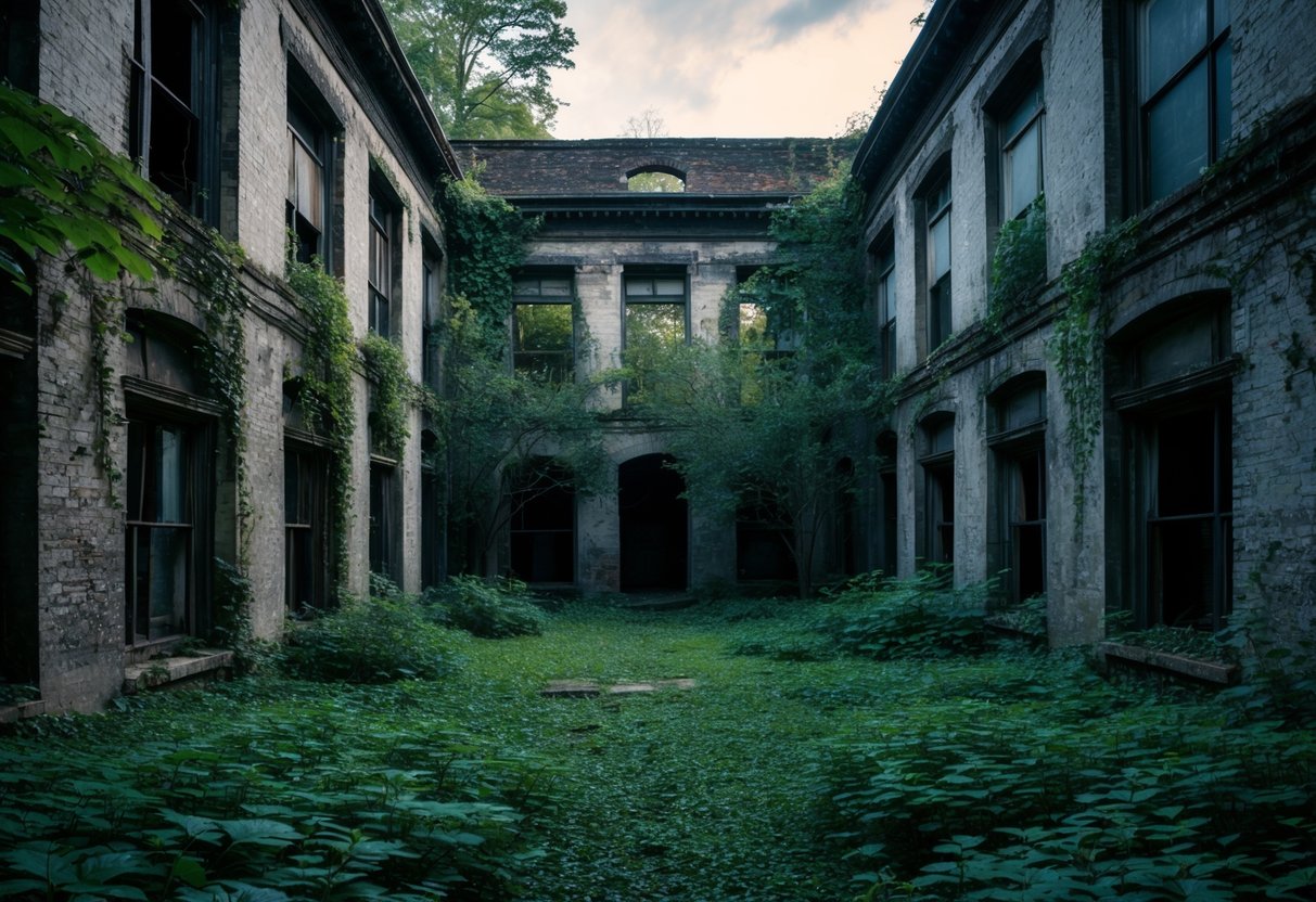 An eerie, overgrown courtyard in an abandoned Pennsylvania asylum, with crumbling walls and broken windows, surrounded by a sense of desolation and decay