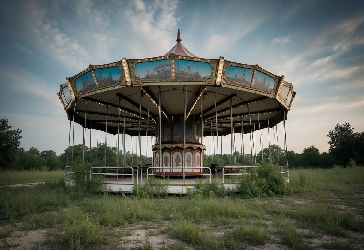 An overgrown carousel sits in the eerie silence of the forsaken amusement park, its once vibrant colors faded under the relentless sun