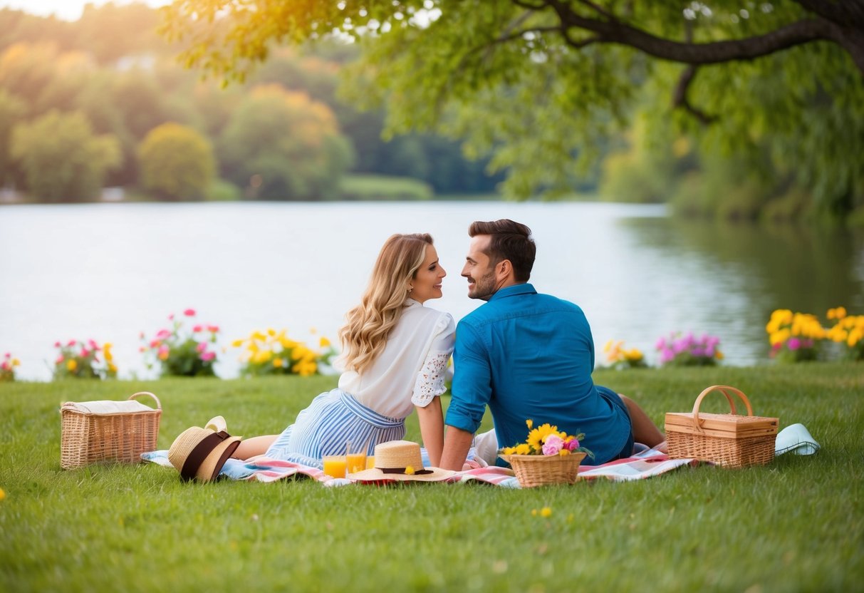 A couple enjoys a romantic picnic in a grassy park, surrounded by colorful flowers and a serene lake