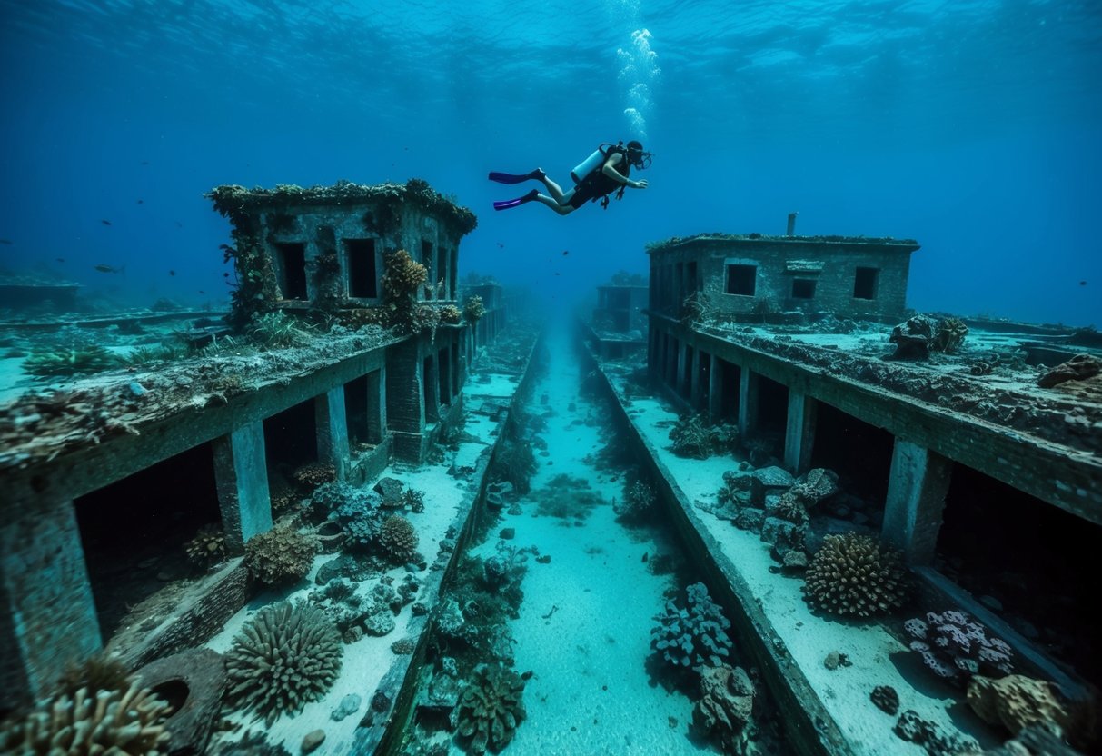 Sunken city of Port Royal, overgrown with coral and teeming with marine life, a snorkeler explores the abandoned streets and buildings, creating an eerie and romantic atmosphere for a unique date idea