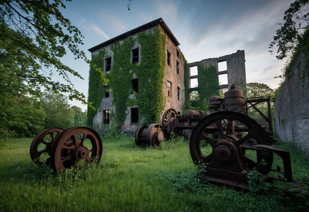 The derelict mill stands in overgrown ruins, surrounded by rusted machinery and crumbling walls. Vines creep through broken windows, and the air is filled with the eerie stillness of abandonment