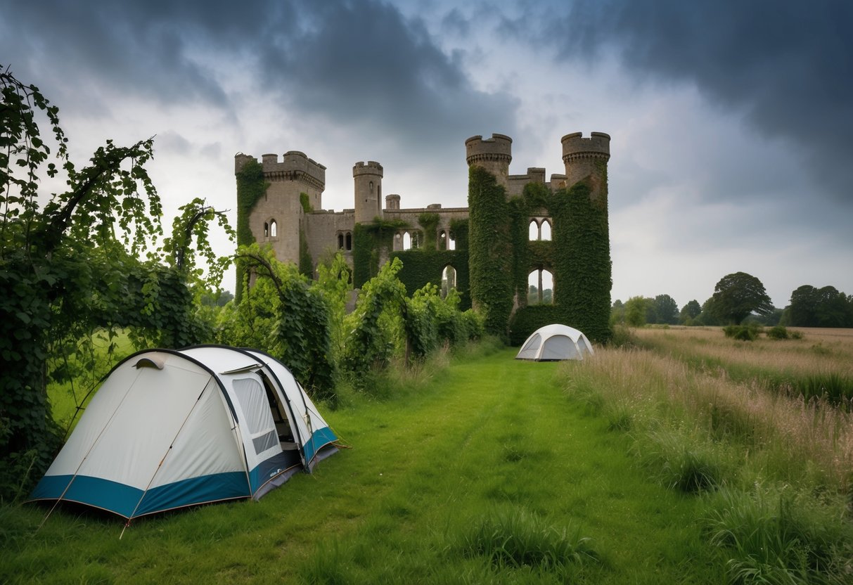 A campsite nestled near an eerie abandoned castle in the English countryside, with overgrown vines and a sense of mystery in the air