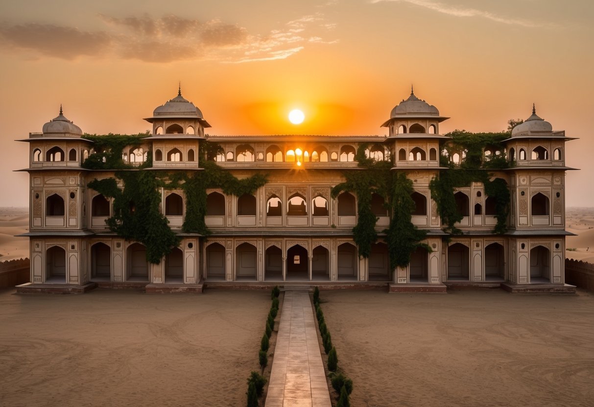 An empty, grand palace in Rajasthan, overgrown with vines and surrounded by desert, under a golden sunset