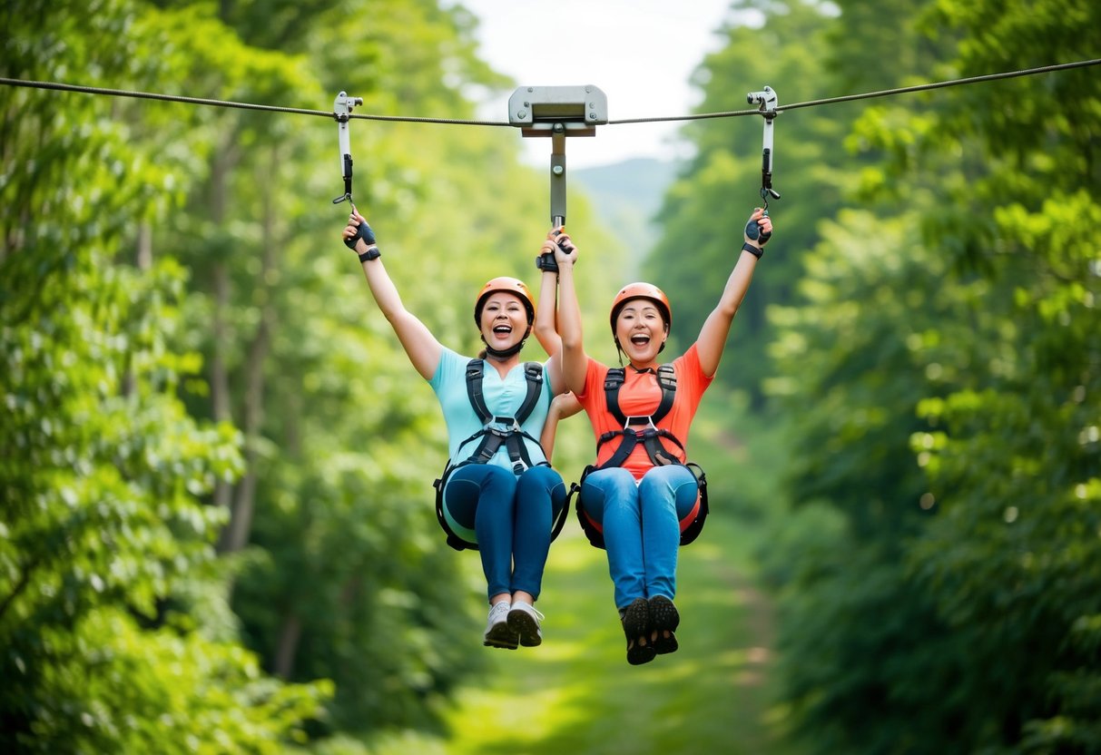 A couple zip-lining through a lush forest, their faces filled with excitement as they soar through the treetops