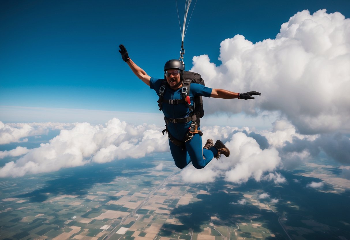 A figure hurtles through the sky, surrounded by billowing clouds and a vast, open landscape below. The rush of wind and the thrill of freefall create an exhilarating sense of freedom and adventure