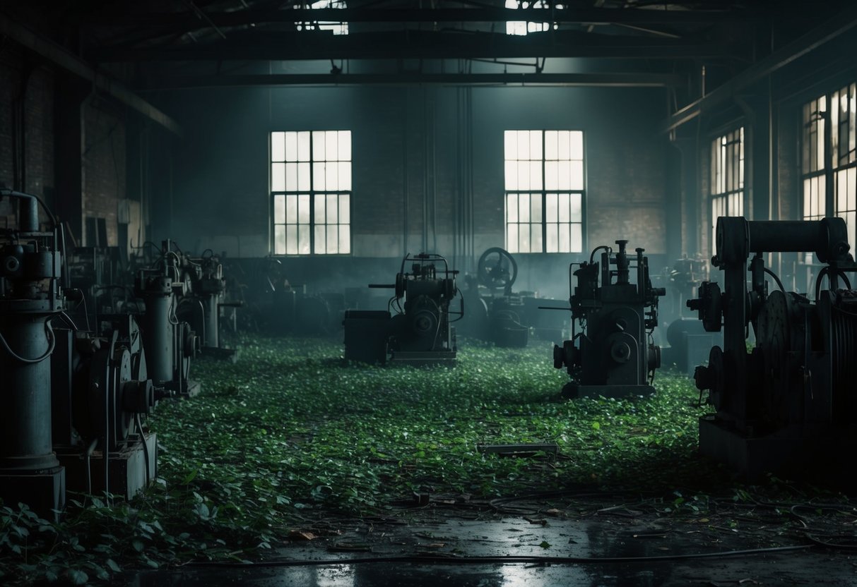 A dark, overgrown factory floor with broken machinery and mysterious shadows