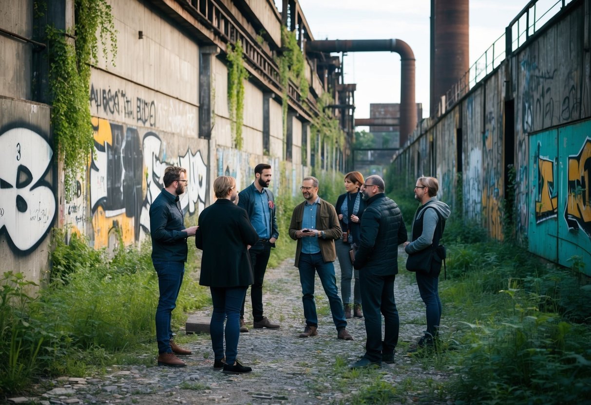 A group explores an abandoned industrial site in Berlin, surrounded by graffiti-covered walls and overgrown vegetation. The workshop leader points out historical details to the participants