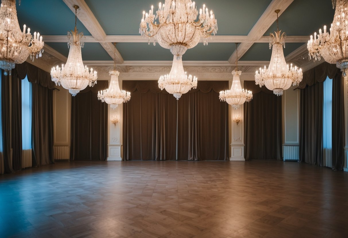 A grand ballroom in Prague sits empty, the ornate chandeliers casting a soft glow over the deserted dance floor. Dusty velvet curtains hang still, as if frozen in time