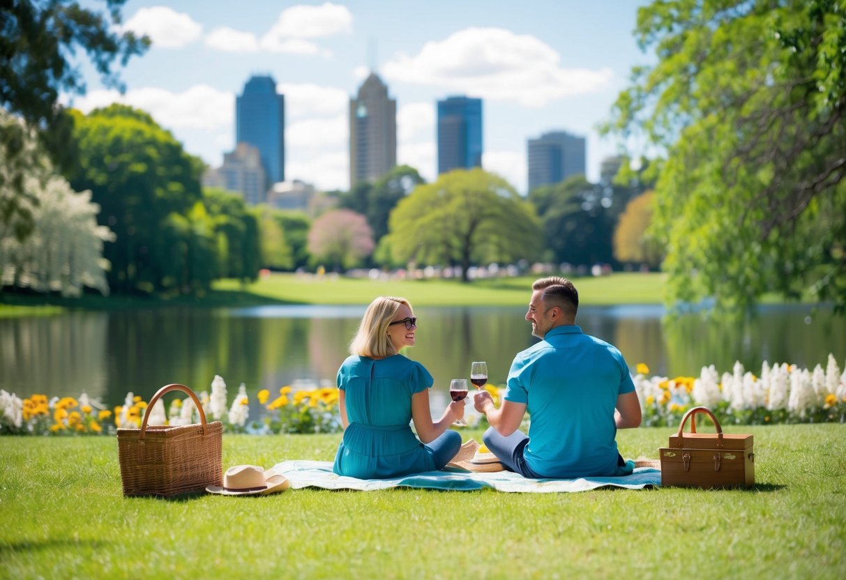 A couple picnicking in a lush Adelaide park, surrounded by blooming flowers and a serene lake