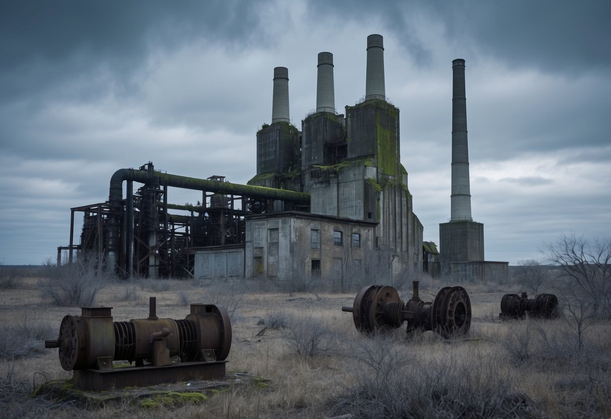 The old power plant sits in a desolate landscape, surrounded by crumbling buildings and rusting machinery. Moss and lichen cover the structures, giving them an eerie, abandoned feel