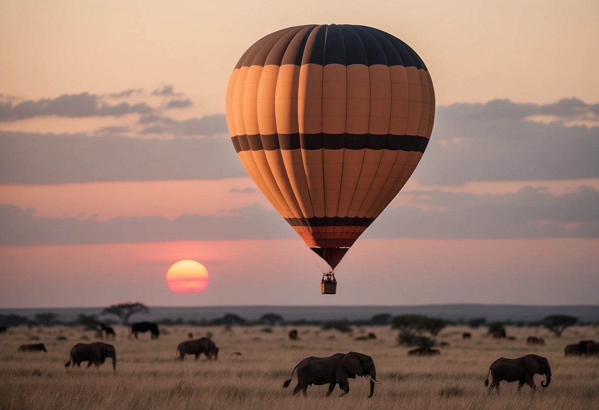 A hot air balloon soars over a savanna, with wild animals below and the sun setting in the distance