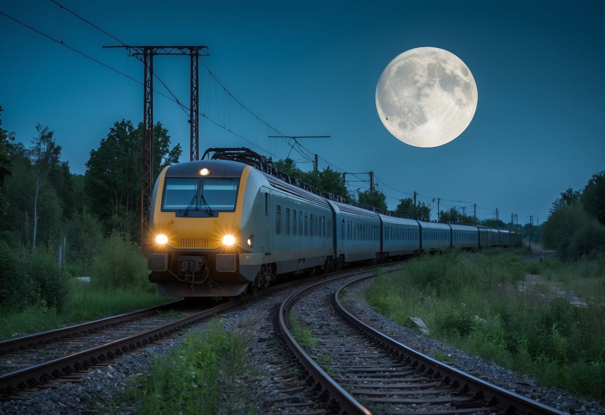 A moonlit train glides through overgrown tracks, passing eerie abandoned stations and ghostly landscapes along the whispering railroad in Ukraine