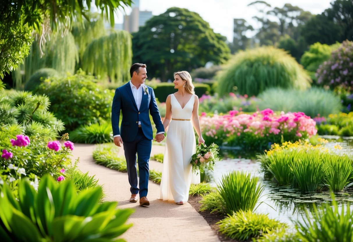 Lush greenery surrounds a couple strolling hand in hand through the Adelaide Botanic Garden, pausing to admire vibrant blooms and tranquil ponds
