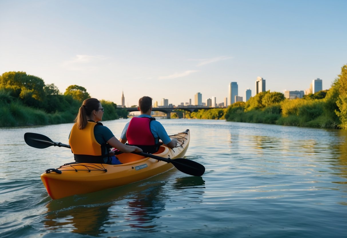 A couple kayaking on the calm waters of the River Torrens, surrounded by lush greenery and the city skyline in the distance