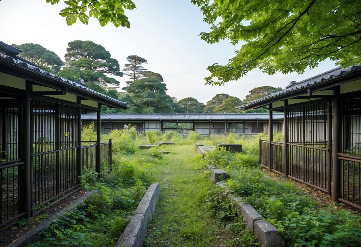 An overgrown animal park in Japan with empty enclosures and rusting fences, surrounded by nature reclaiming the abandoned space