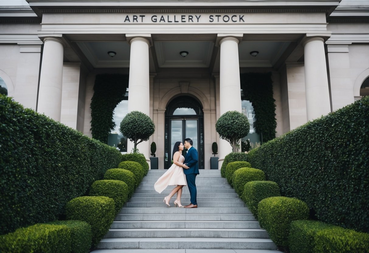 The art gallery's grand entrance, lined with lush greenery, welcomes couples on a date. The striking facade and inviting atmosphere create a romantic setting