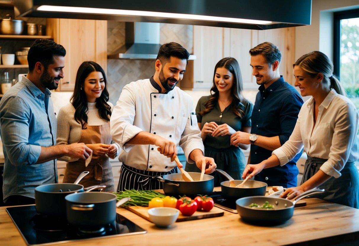 A cozy kitchen with a chef demonstrating cooking techniques to a group of couples, surrounded by pots, pans, and fresh ingredients