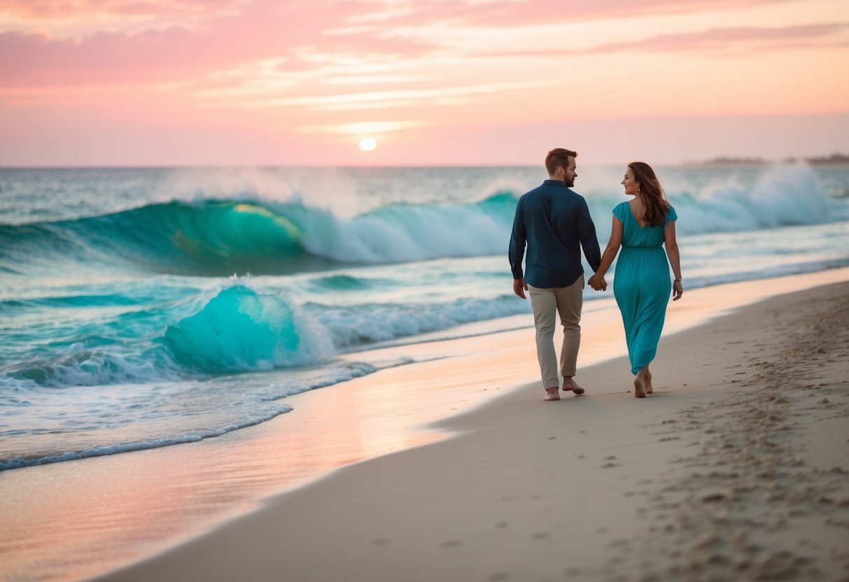 A couple walks hand in hand along a sandy beach, with turquoise waves crashing against the shore and a picturesque sunset painting the sky in hues of pink and orange