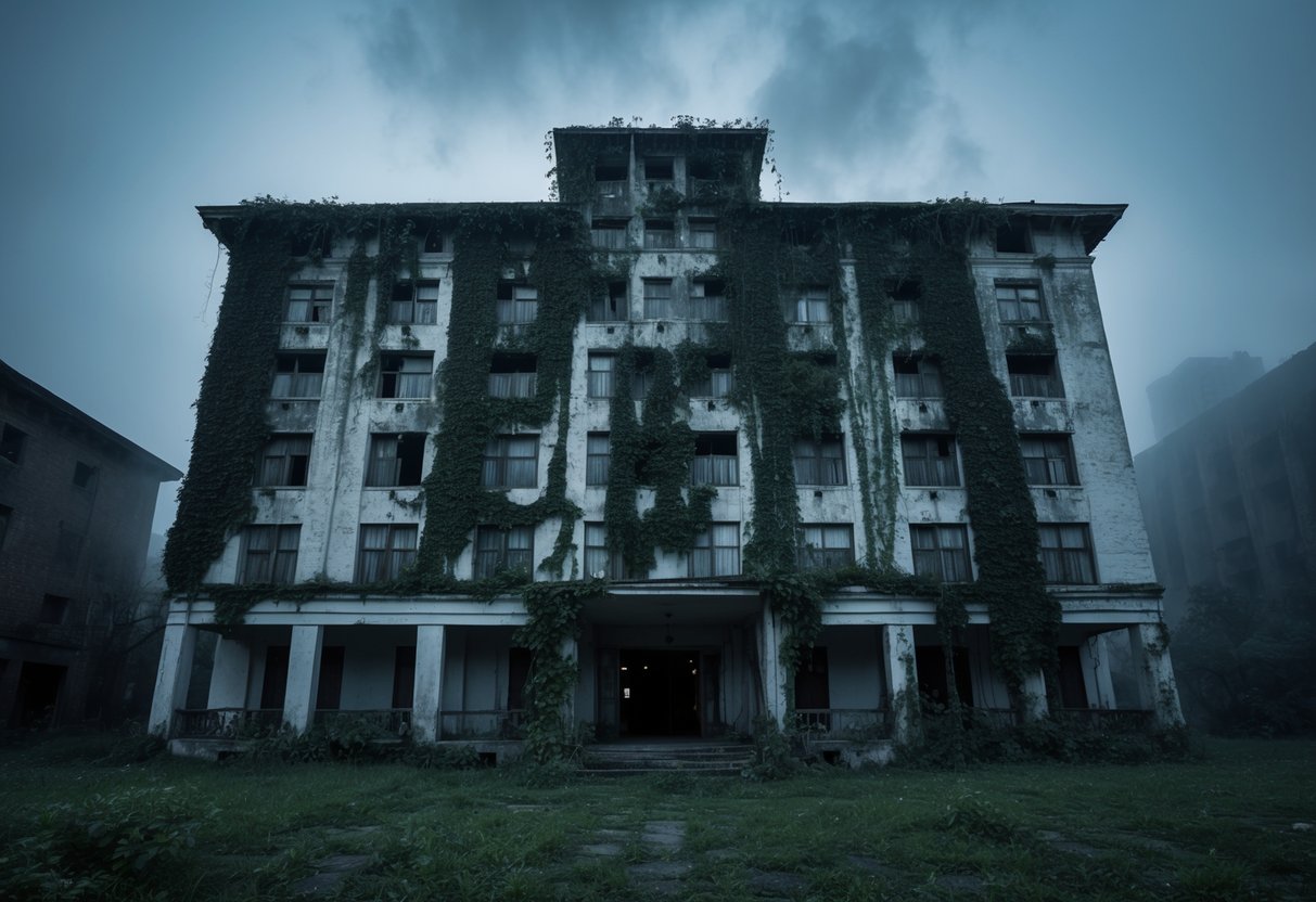 An eerie, dilapidated hotel in Mexico City, overgrown with vines and shrouded in mist, with broken windows and peeling paint, evoking a sense of abandoned mystery