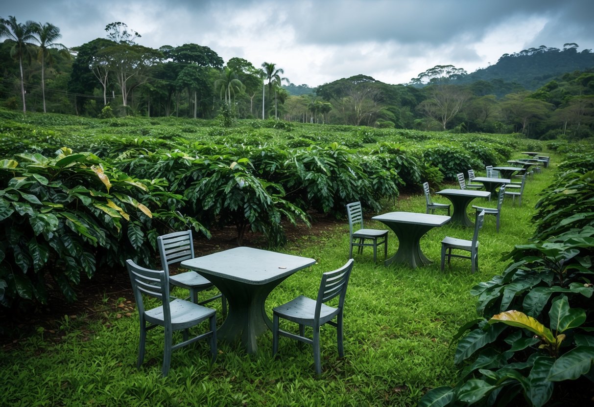 An abandoned coffee plantation in Brazil, overgrown with wild foliage, with empty tables and chairs scattered around, and a sense of eerie stillness in the air