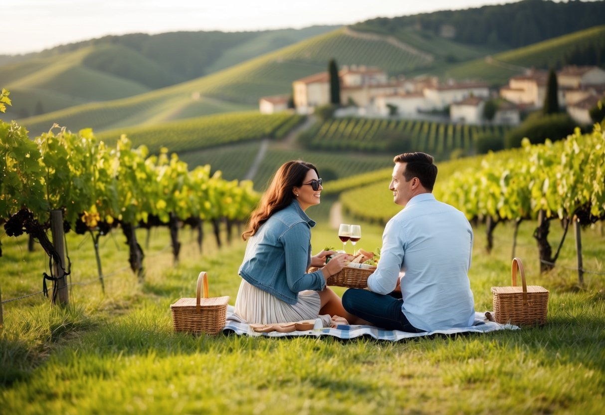 A couple picnicking among rolling hills, with vineyards and quaint villages in the background