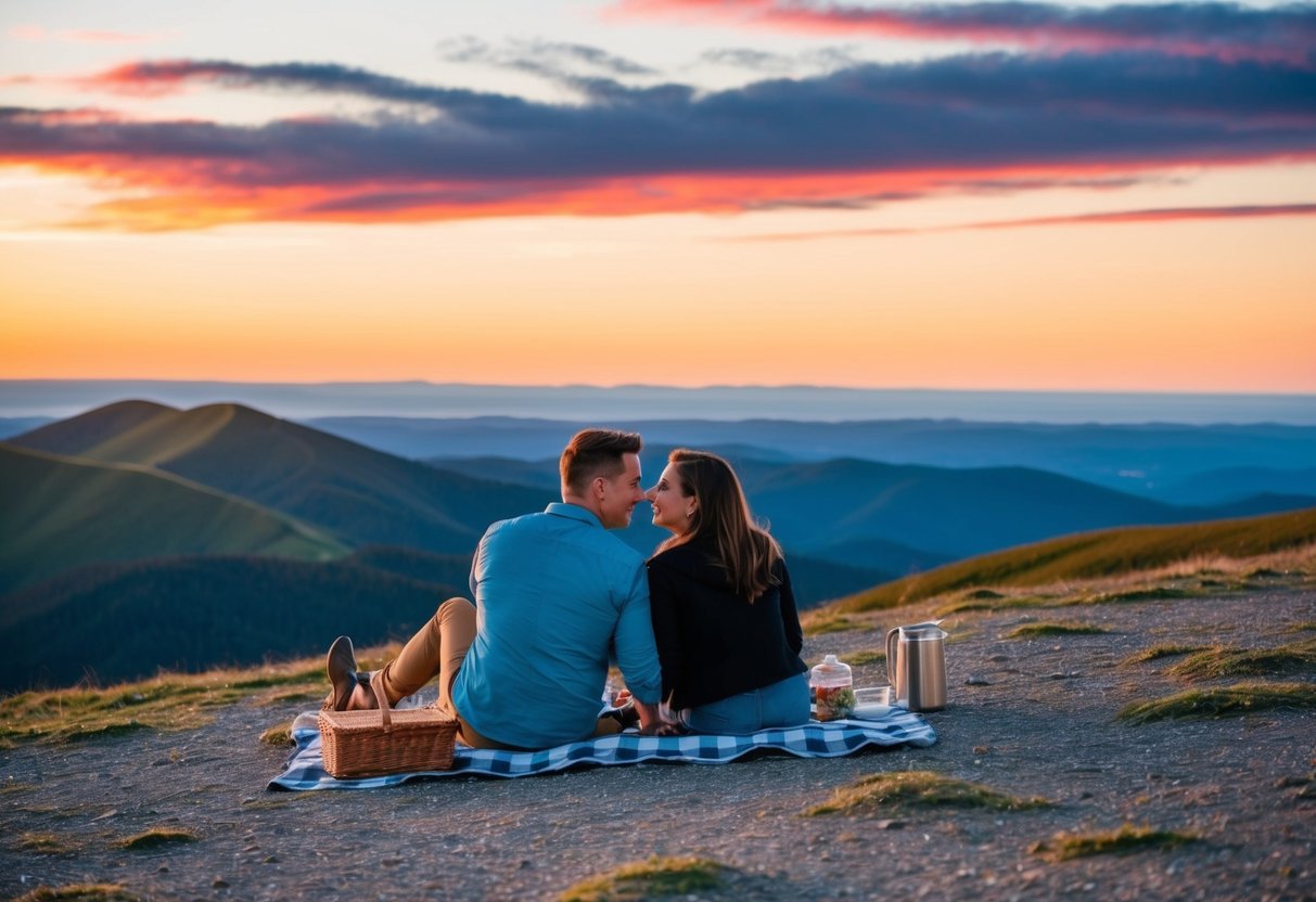 A couple enjoys a sunset picnic on Mount Lofty Summit, surrounded by rolling hills and vibrant colors in the sky