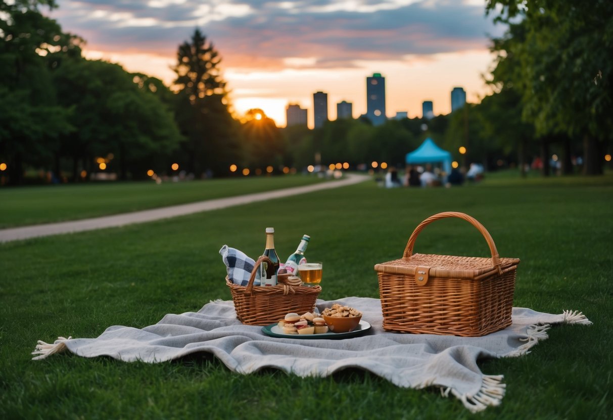 An evening picnic in a lush Edmonton park, with a cozy blanket spread on the grass, a wicker basket filled with treats, and a beautiful sunset in the background