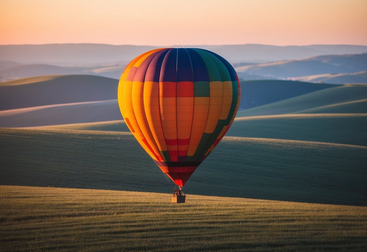 A colorful hot air balloon floats over rolling hills at sunrise
