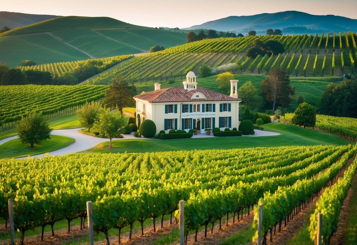 Lush vineyard landscape with rolling hills, rows of grapevines, and a charming art gallery nestled among the greenery