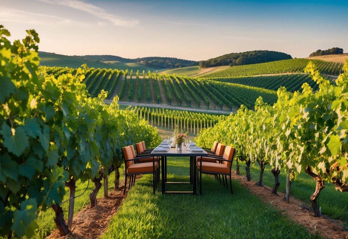 A picturesque vineyard with a charming outdoor dining area nestled among rolling hills and lush grapevines