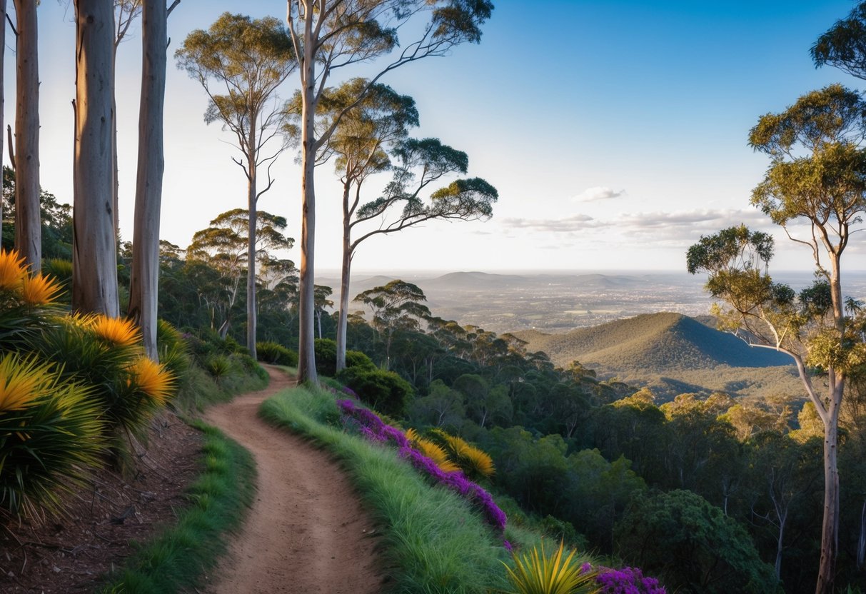A winding trail through lush forest, with tall eucalyptus trees and colorful native flora, leading to a breathtaking lookout over the Adelaide Hills
