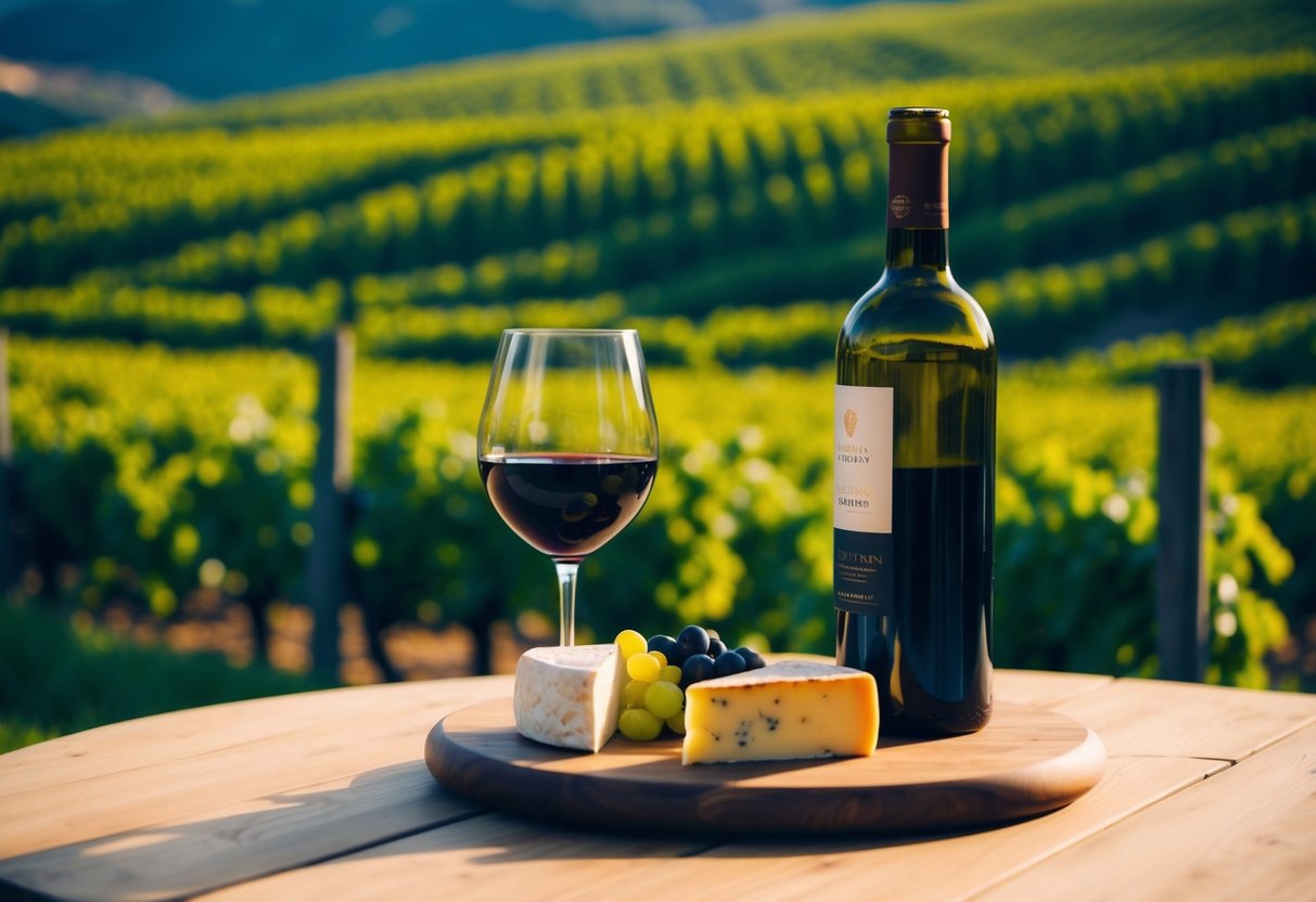 Rolling vineyard hills meet a rustic cheese platter, accompanied by a bottle of local wine
