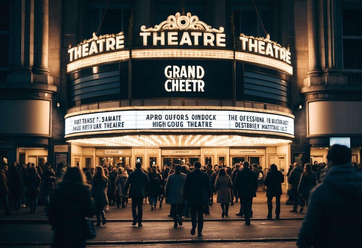 A grand theatre with a marquee glowing in the night, surrounded by bustling city streets and a crowd of people entering the building