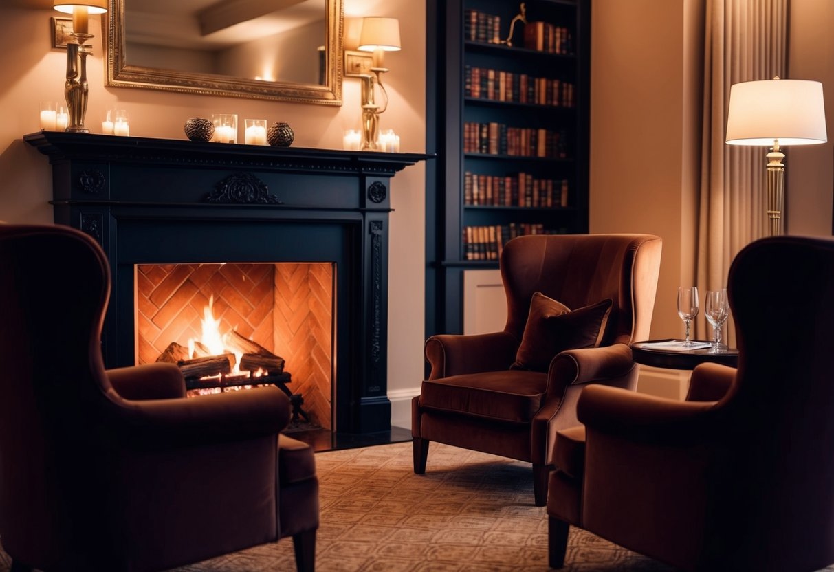 A warm, inviting scene at The Stirling Hotel: a crackling fireplace, plush armchairs, and soft lighting create a cozy atmosphere for a romantic evening
