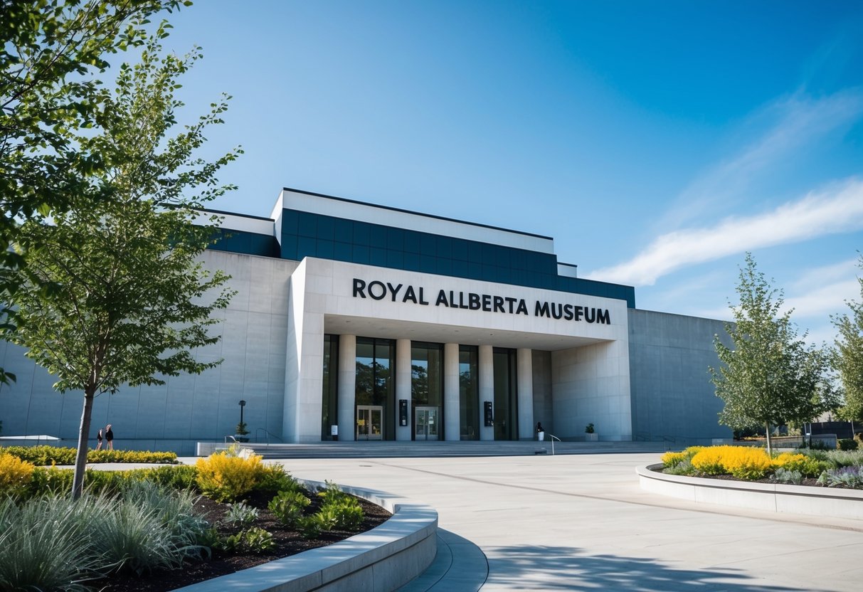 The Royal Alberta Museum's exterior, with a grand entrance and modern architecture, surrounded by lush landscaping and a clear blue sky