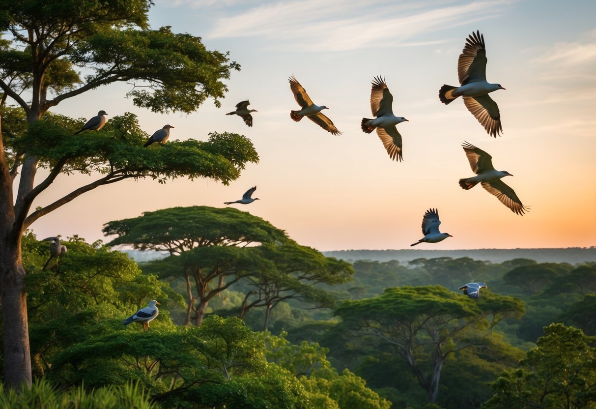 A variety of birds perched in trees and soaring through the sky at Belair National Park, with lush greenery and a peaceful atmosphere