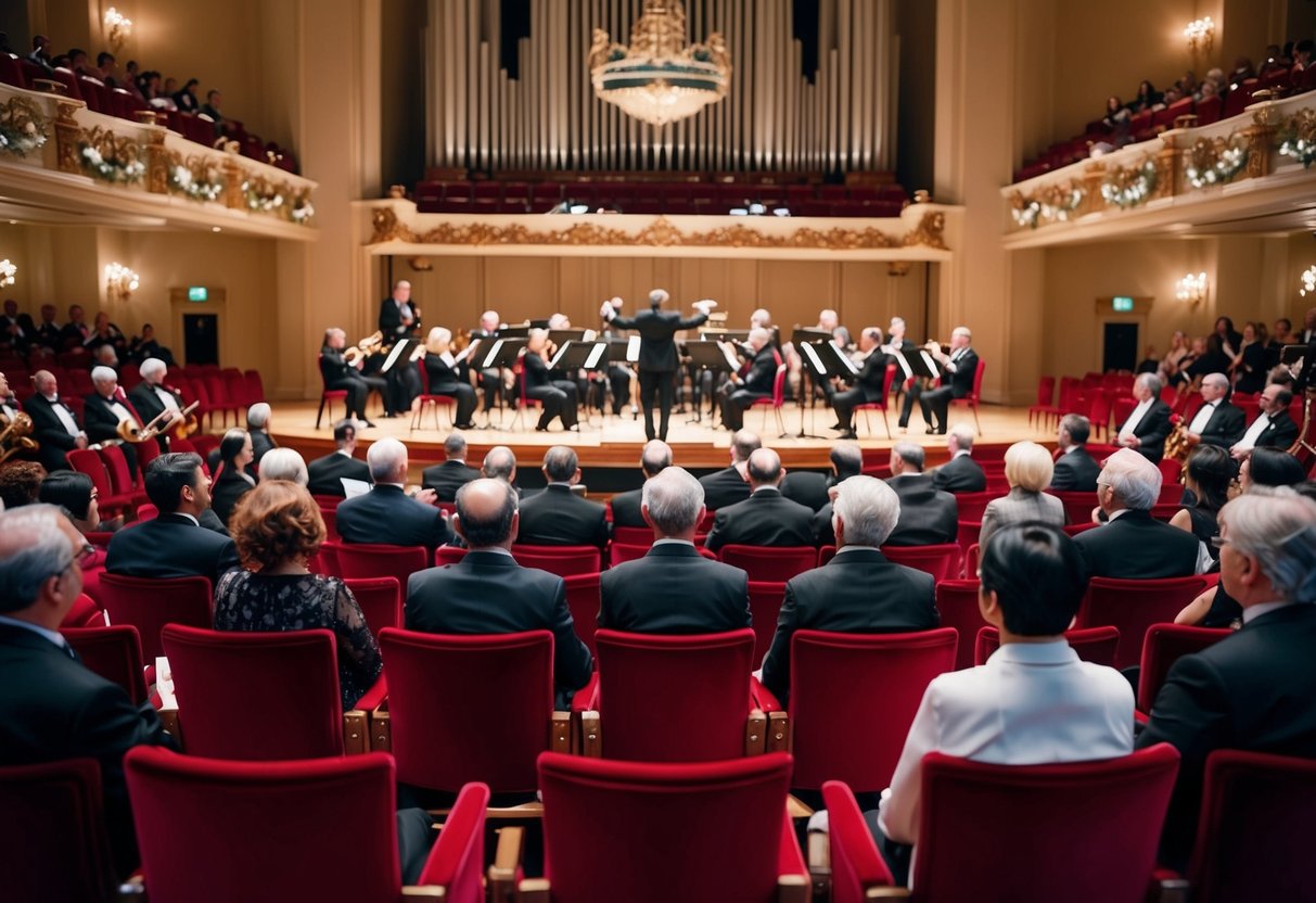 Audience members sit in red velvet seats, facing a grand stage with ornate decorations and a large orchestra performing